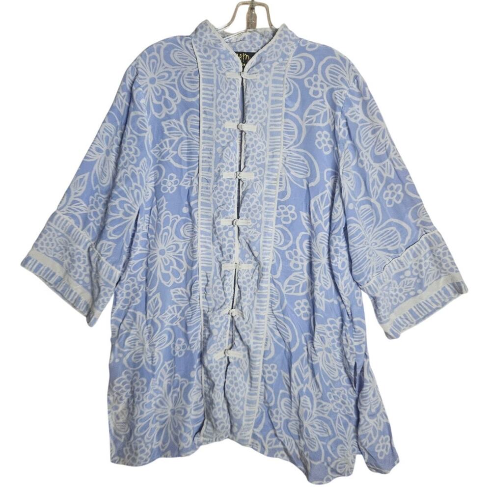 Bob Mackie Silk Kimono Mandarin Collar Frog Closure Tunic Periwinkle Blue Floral